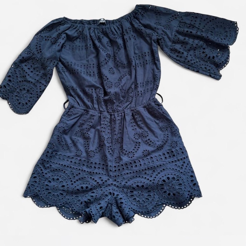 Sperry Navy Eyelet Off-Shoulder Short Romper